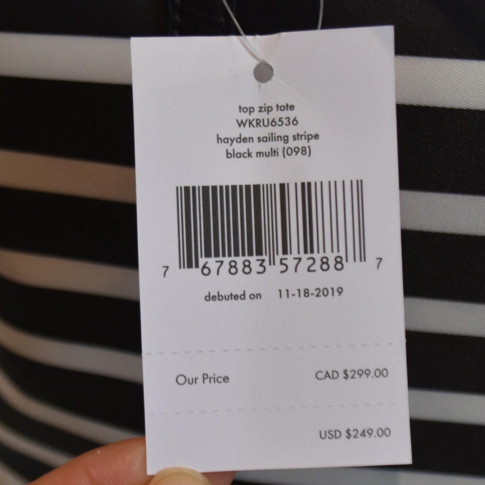 NWT AUTH Kate Spade Nylon Black &White Stripe Tote - Picture 4 of 6